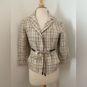 MaxMara Cream Plaid Tweed Blazer Jacket Coat with Waist Tie Belt Size 8